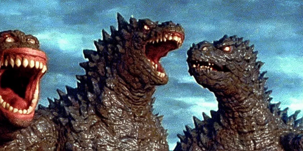 Image similar to a still from a movie, godzilla with human teeth being an idiot and laughing at a joke, real, weird, strange, funny