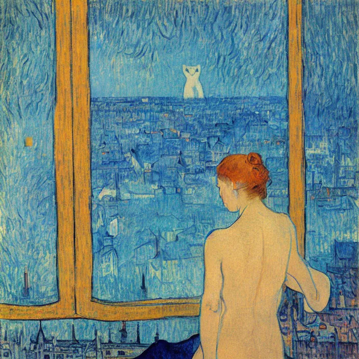 Image similar to sad woman and white cat with city with gothic cathedral and tall trees seen from a window frame with curtains. dark indigo blue, turquoise, gold, earth brown. night with glowing stars. delville jean, henri de toulouse - lautrec, utamaro, matisse, monet