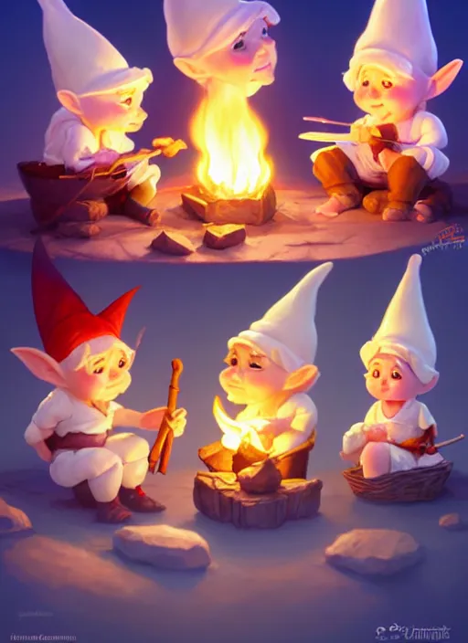 Image similar to cute gnomes roasting marshmallos, natural lighting, path traced, highly detailed, high quality, digital painting, by don bluth and ross tran and studio ghibli and alphonse mucha, artgerm