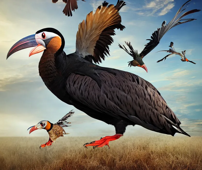 Image similar to a realistic photo of a birdlike creature made of birds merged, creature wrinkles feathers exotic morphing hoopoe, morphing wings king vulture head, merging pheasant skin merged sky animal, atlantic puffin, turaco morphing chicken, clear, global illumination, refraction, displacement map, bump map, normal map