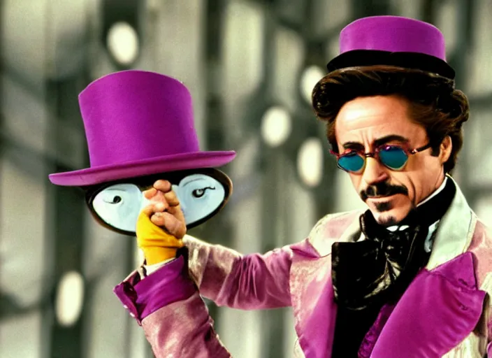 Image similar to film still of Robert Downey Jr as Willy Wonka in Willy Wonka and the Chocolate Factory 1971