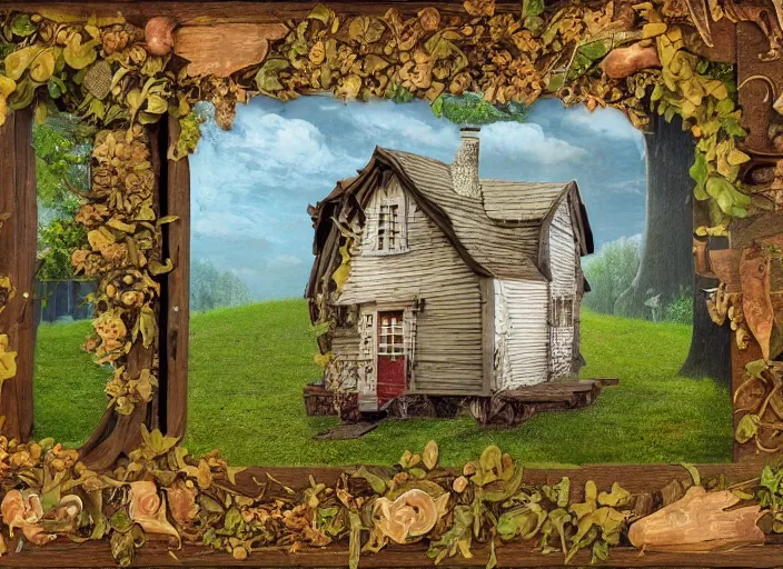 Image similar to simple folk art, house in the wood, mystical, lowbrow, matte painting, 3 - d highly detailed, in the style of ammi phillips,