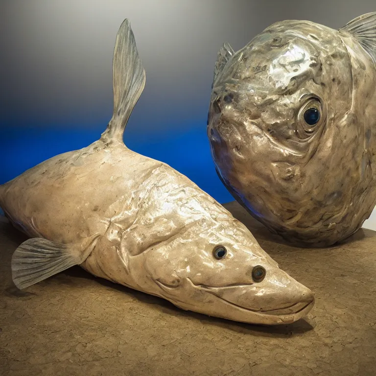 Prompt: hyperrealistic sculpture of a bronze fossilized flounder halibut emerging from a gridded blue silicone and latex pedestal by ron mueck and duane hanson and lee bontecou, hyperrealistic dramatic colored lighting trending on artstation 8 k