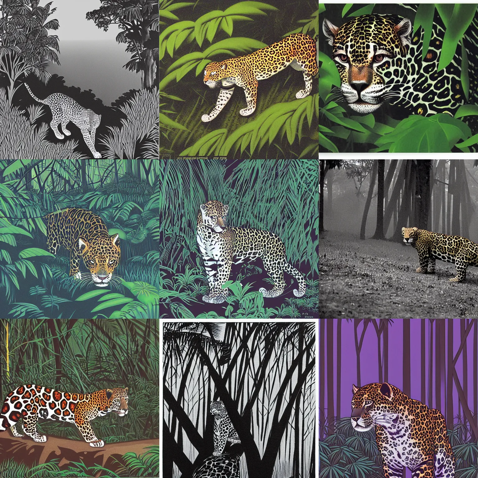 Prompt: intense jaguar in a dark misty jungle, by Hiroshi Nagai