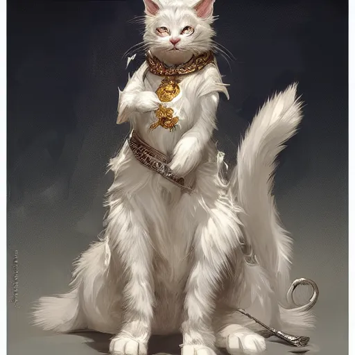 Image similar to A cute heraldic white kitty cat queen posing with one paw waving, D&D, fantasy, intricate, cinematic lighting, highly detailed, digital painting, artstation, concept art, smooth, sharp focus, illustration, art by Akihiko Yoshida, Greg Rutkowski and Alphonse Mucha