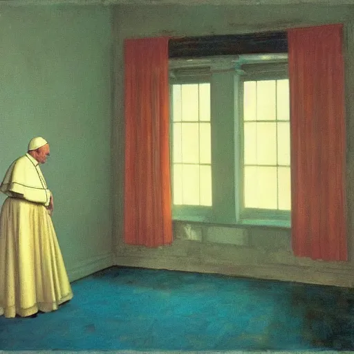 Image similar to a pope in an haunted liminal abandoned room, film still by edward hopper, by Pontormo, by klimt, pre-raphaelite. art noveau, art noveau, highly detailed, strong lights, liminal, eerie, Bright pastel colors