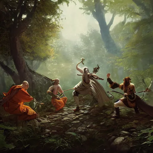 Prompt: 'A monk, bard, druid and a paladin are fighting together in the woods, art by Greg Rutkowski, 4k'