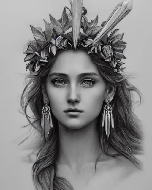 Image similar to pencil drawing of a beautiful greek goddess aphrodite wearing a laurel wreath and arrowhead earrings, beautiful confident and piercing eyes, beautiful flowing hair, hyper realistic face, in the style of greg rutkowski, fantasy, amazing detail, epic, elegant, smooth, sharp focus, from the front