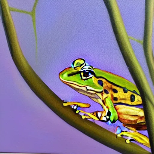 Prompt: beautiful oil painting of a common frog on a tree, sunlight, award - winning, matte,