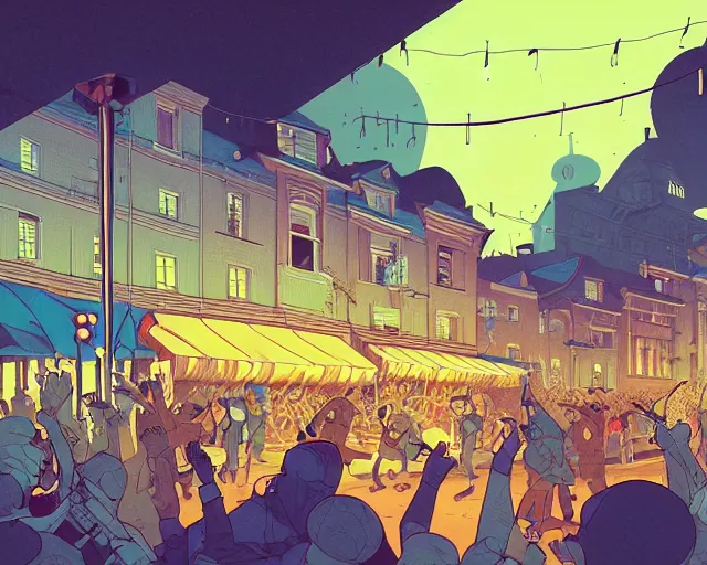 Image similar to a study of cell shaded cartoon of the concert of a music band playing music, street lamps, road, illustration, wide shot, subtle colors, post grunge, concept art by josan gonzales and wlop, by james jean, Victo ngai, David Rubín, Mike Mignola, Laurie Greasley, highly detailed, sharp focus, Trending on Artstation, HQ, deviantart, art by artgem