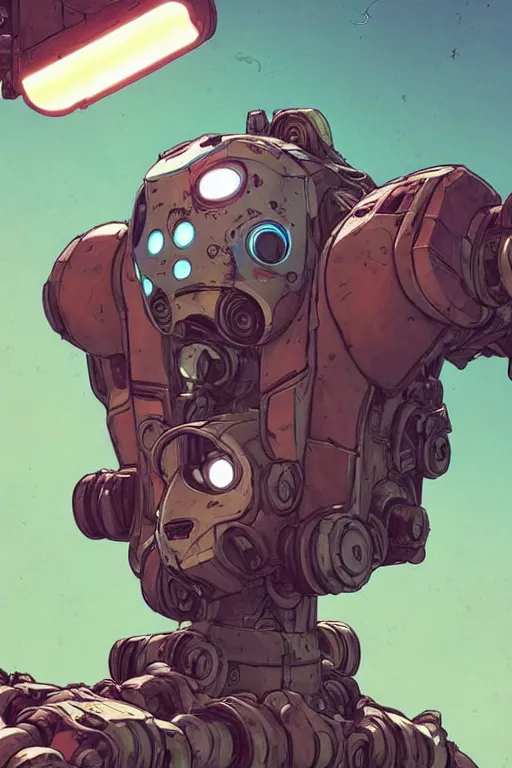 Prompt: a study of cell shaded portrait of a mech robot as Borderlands 3 concept art, llustration, post grunge, concept art by josan gonzales and wlop, by james jean, Victo ngai, David Rubín, Mike Mignola, Laurie Greasley, highly detailed, sharp focus, alien, Trending on Artstation, HQ, deviantart, art by artgem