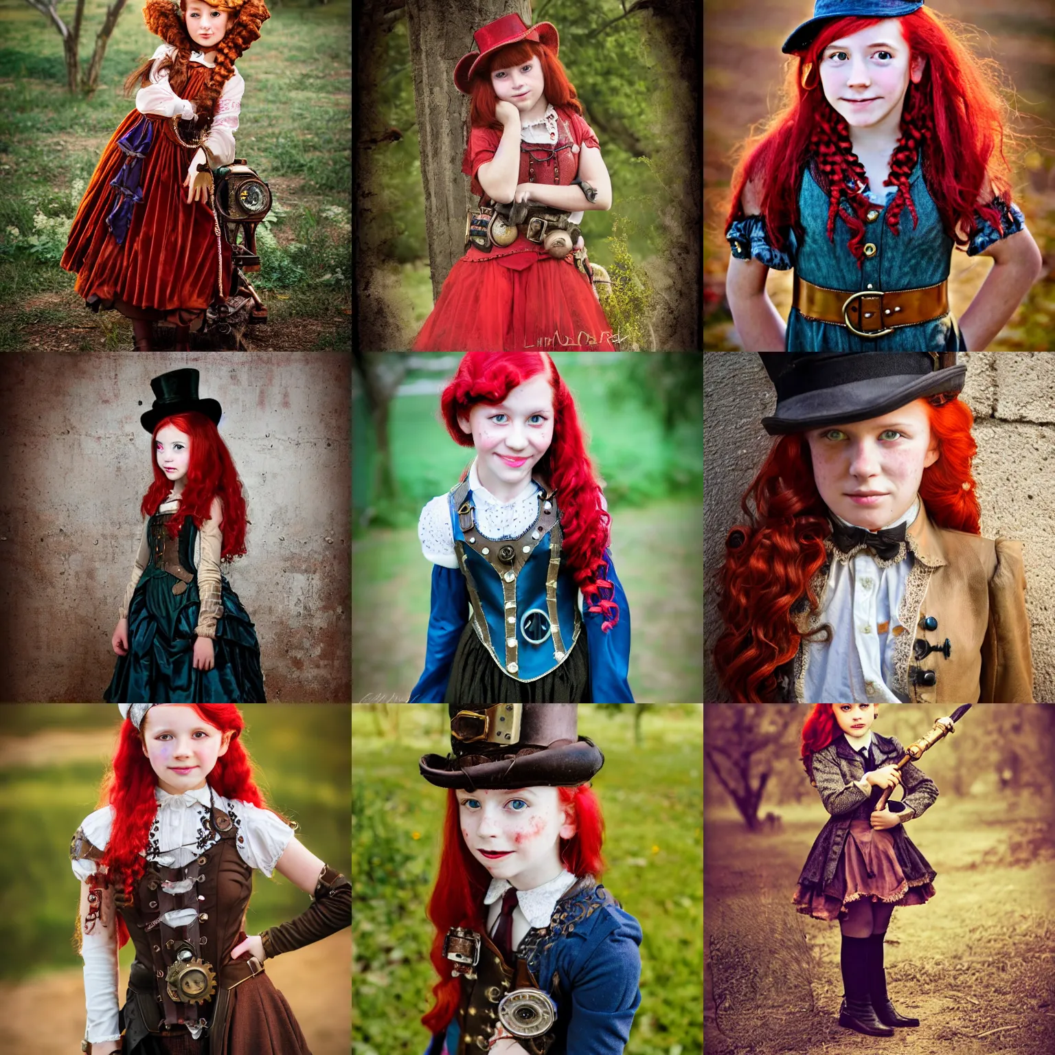 Prompt: photo of a ten year old girl in steampunk fashion by lilia alvarado, steampunk, red hair, freckles