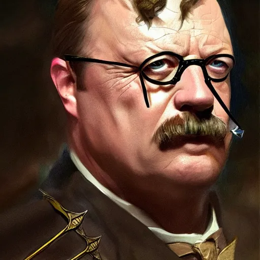 Image similar to portrait of Theodore Roosevelt as Hawkeye, fantasy, intricate, elegant, digital painting, trending on artstation, concept art, sharp focus, illustration by Gaston Bussiere and artgerm, 4k.