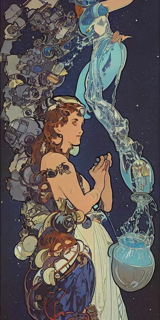 Image similar to a woman wearing outer space as a dress, pouring water from a vase into the milky way, by joe madura, by alphonse mucha, battle chasers.