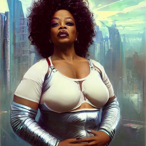 Image similar to cyberpunk fat oprah winfrey head domme mistress, full body, dominatrix, tribal, smooth white tight clothes suit, ornate, very beautiful, concept art, realistic painting, androgynous, afrofuturism, daz 3 d, cinematic, cgsociety, digital art by greg rutkowski, by alphonse mucha,