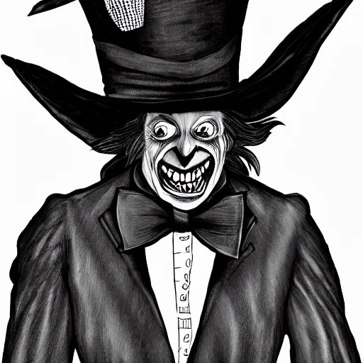 Image similar to a Pop Wonder scary horror themed goofy-hilarious-character Mad-Hatter-babadook-wearing a scarf, 3-piece-suit, dime-store-comic drawn with charcoal and pen and ink, half-tone-line-stacking