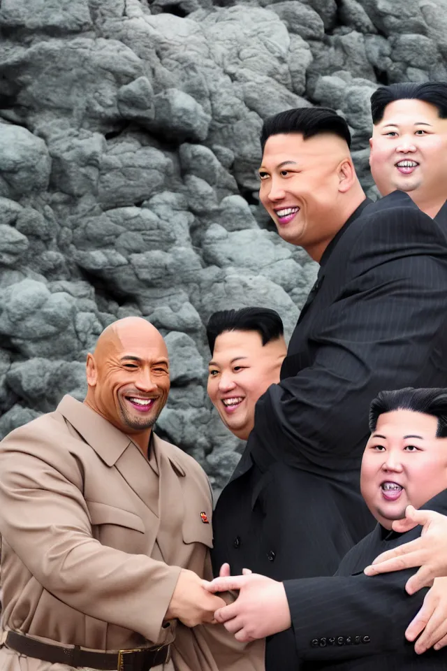 Image similar to selfie of dwayne the rock johnson and kim jong - un, pyongyang, 8 k resolution