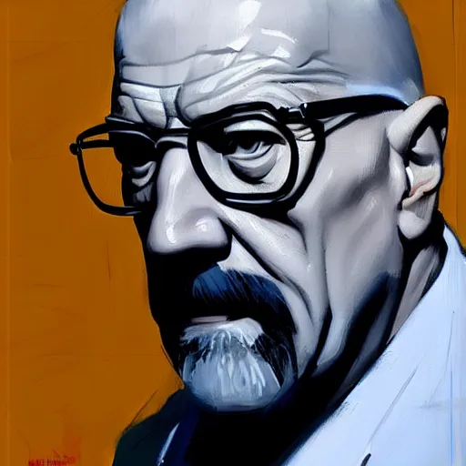 Image similar to Greg Manchess portrait painting of Walther White from breaking bad as Overwatch character, medium shot, asymmetrical, profile picture, Organic Painting, sunny day, Matte Painting, bold shapes, hard edges, street art, trending on artstation, by Huang Guangjian and Gil Elvgren and Sachin Teng