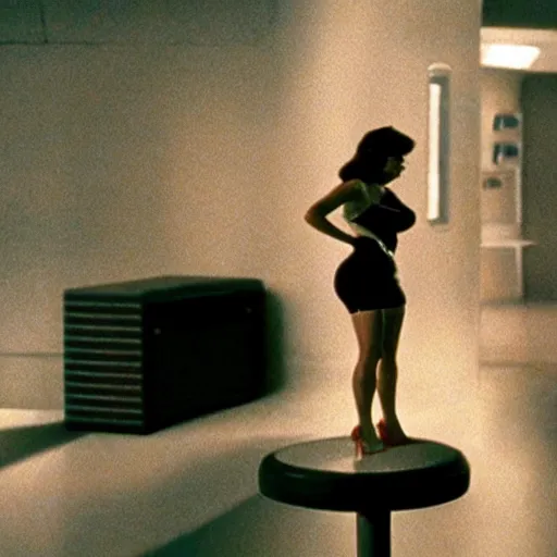 Image similar to a still of a beautiful pin up playing with a NES controller, in the movie Minority Report (2002), highly detailed and intricate, cinematic lighting, 4k HDR