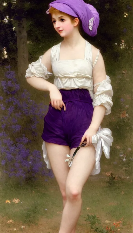 Image similar to A full body image of a cute magical girl with short blond hair wearing an oversized purple Beret, Baggy Purple overall shorts, Short Puffy pants made of silk, pointy jester shoes, a big billowy scarf, Golden Ribbon, and white leggings Covered in stars. Short Hair. Sunlit. Haute Couture. Art by william-adolphe bouguereau and Paul Delaroche and Alexandre Cabanel and Lawrence Alma-Tadema and Johannes Helgeson and WLOP. Smooth. Elegant. Highly Detailed. Intricate. Surrounded by clouds. 4K. UHD. Denoise.