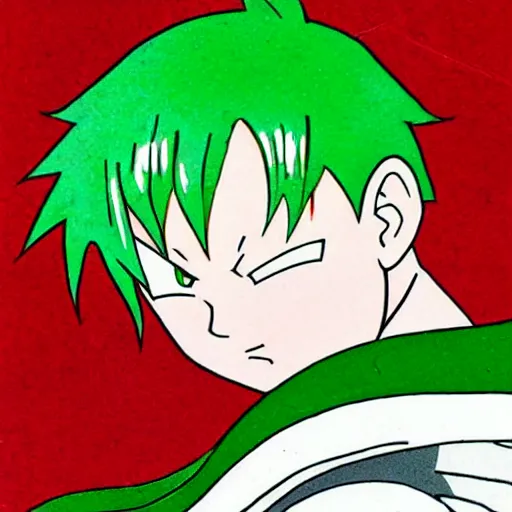 Image similar to fencer, green hair, male, style of akira toriyama, anime, japanese,