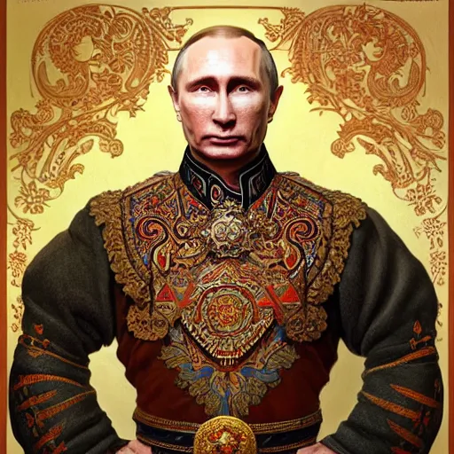 Image similar to a portrait of ( male ) putin, upper half portrait, decorated with russian motifs, traditional russia, intricate, rugged, highly detailed, symmetry, headpiece, digital painting, artstation concept art smooth sharp focus, illustration, art by artgerm and greg rutkowski alphonse mucha 8 k