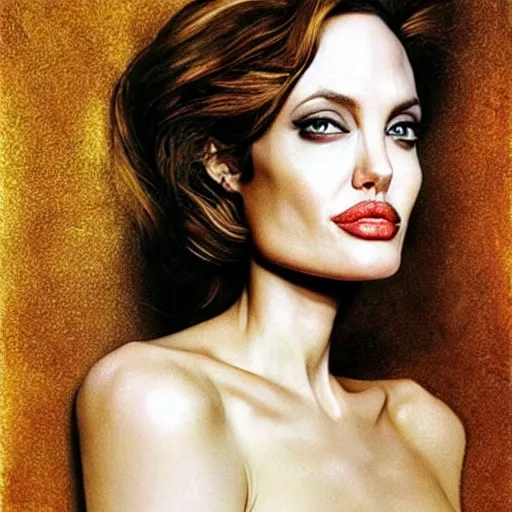 Image similar to an amazing award winning photo of angelina jolie as of adele bloch - bauer by gustav klimt