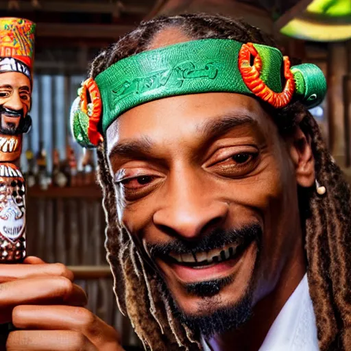 Image similar to a closeup photorealistic photograph of happy snoop dogg at trader vic's bar holding a trader vic's tiki mug that features the face of snoop dogg. brightly lit scene. this 4 k hd image is trending on artstation, featured on behance, well - rendered, extra crisp, features intricate detail, epic composition and the style of unreal engine.