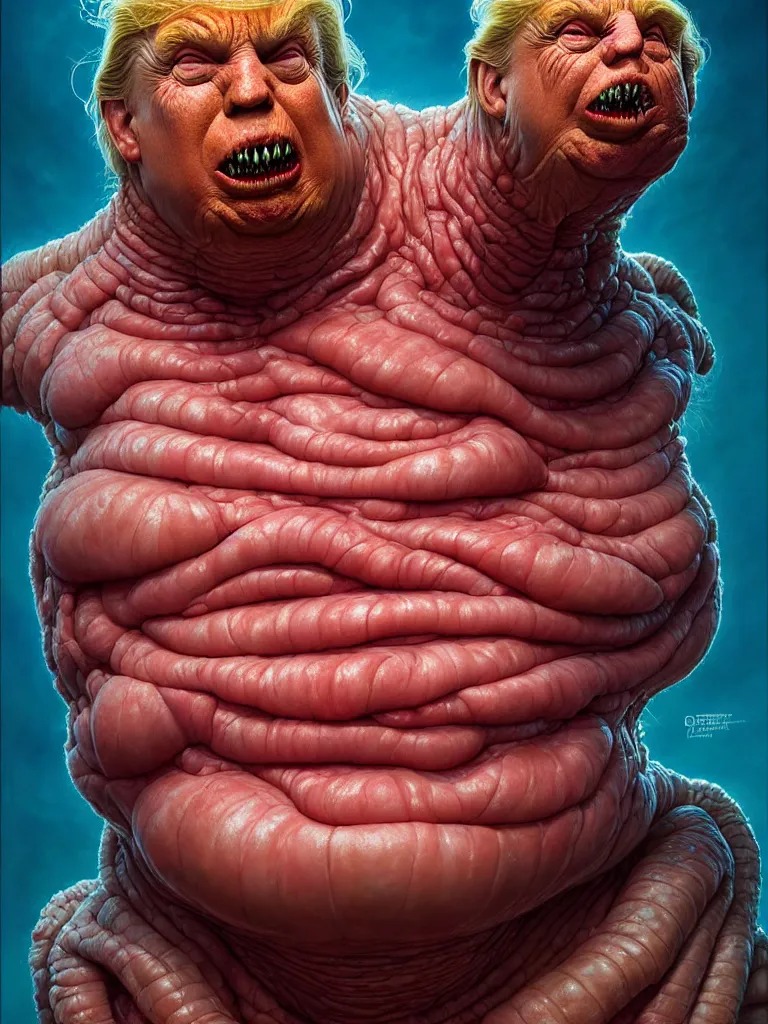 Image similar to hyperrealistic rendering, fat smooth cronenberg flesh monster trump by donato giancola and greg rutkowski and wayne barlow and zdzisław beksinski, eyeballs, epic boss battle, product photography, action figure, sofubi, studio lighting, colored gels, colored background