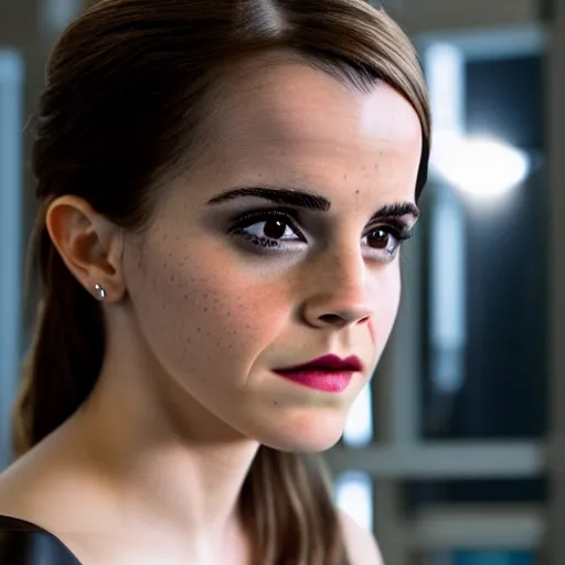 Image similar to Emma Watson as Catwoman, XF IQ4, f/1.4, ISO 200, 1/160s, Sense of Depth, AI enhanced, HDR, in-frame