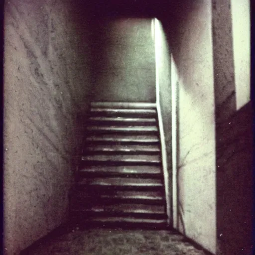 Prompt: a humanoid creature at the bottom of a stairwell, dark!, creepy, nightmare fuel!!!, unsettling, uncanny valley!, old polaroid, expired film,