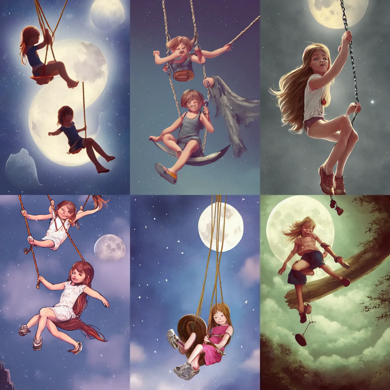 Prompt: girl swinging on a swing attached to the moon, highly detailed, artstation,