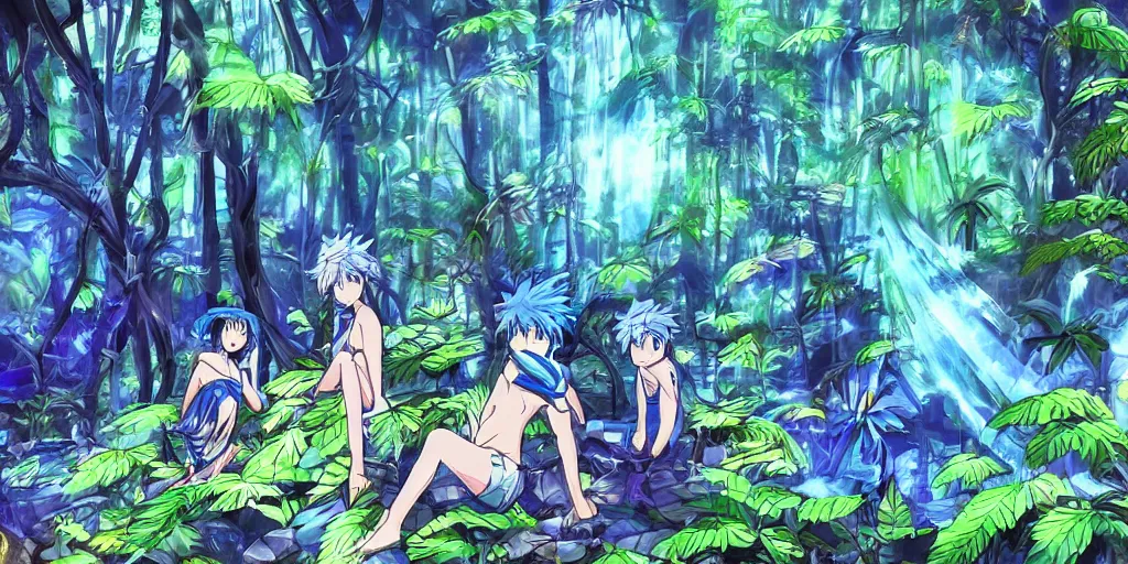 Prompt: blue spirits in a rainforest. anime art style