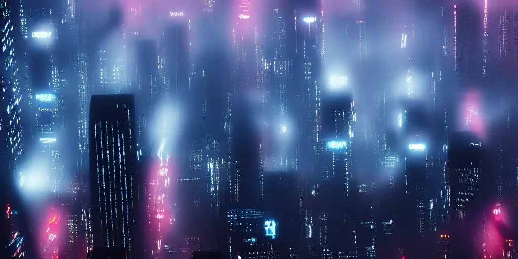 Prompt: megacity streets seen from above, neon signs, giant tv screens, eerie fog, blade runner, ex machina