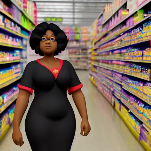 Prompt: high quality, highly detailed, still of black bbw woman in wal-mart follow shot, 3d, in the style of pixar, comic book style, 3d, highly detailed, 16k resolution, octane renderer, coherent, cinematic lighting