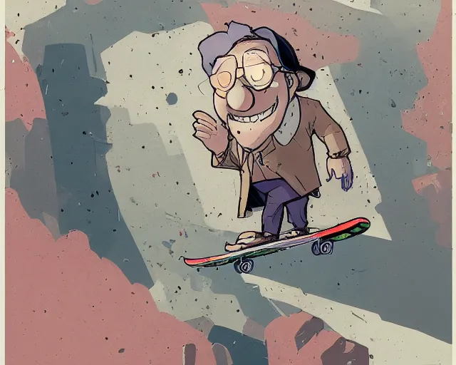 Prompt: a study of cell shaded cartoon of the old man from up on a skateboard, illustration, wide shot, subtle colors, post grunge, concept art by josan gonzales and wlop, by james jean, Victo ngai, David Rubín, Mike Mignola, Laurie Greasley, highly detailed, sharp focus, alien, Trending on Artstation, HQ, deviantart, art by artgem