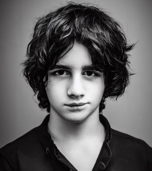 Prompt: an 8 5 mm professional portrait of nico di angelo, a young teenage boy with pale olive skin, black sullen eyes, long black hair, a reluctant smile, detailed professional photography, night lighting, defiant, ghosts theme, volumetric lighting