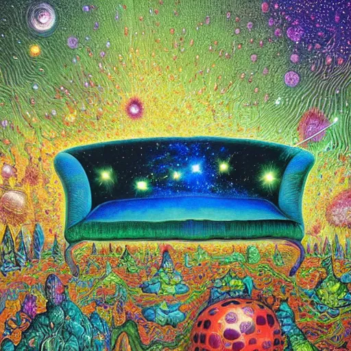 Image similar to psychedelic couch sofa in the lush forest, milky way, designed by moebius, rob gonsalves, gustav dore, giuseppe arcimboldo and carl barks, louis wain, trending on artstation, mediterranean, star, sharp focus, colorful refracted sparkles and lines, soft light, 8 k 4 k