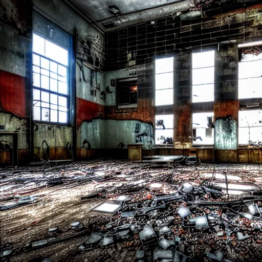 Image similar to abandoned robot factory, closed circuit tv