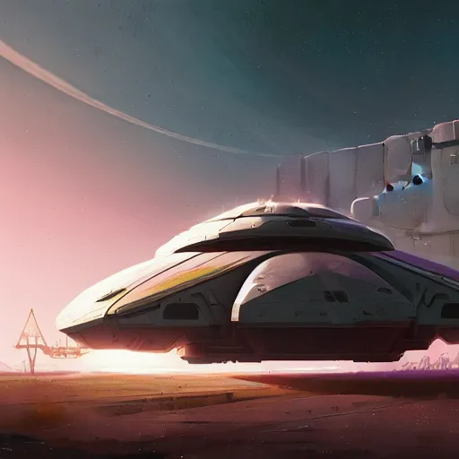 Prompt: scifi cargo spaceship in heavy armor, by simon stalenhag, by ian pesty and alena aenami and makoto shinkai, concept art, matte painting, washed colors,