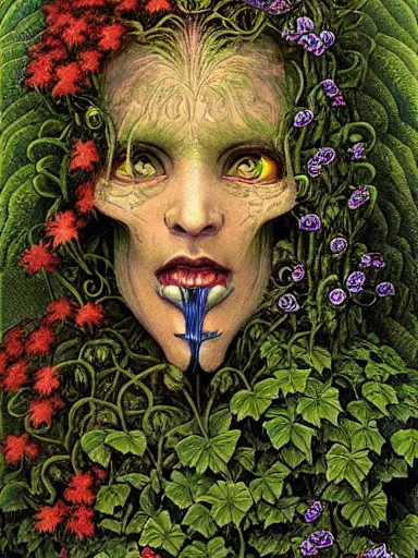 Image similar to The Hanging-Gardens of Pareidolia, lobelia, ivy, verbena and pothos growing facial features and optical-illusions, aesthetic!!!!!!!!!!, by Gerald Brom in the style of Johfra Bosschart in the style of,