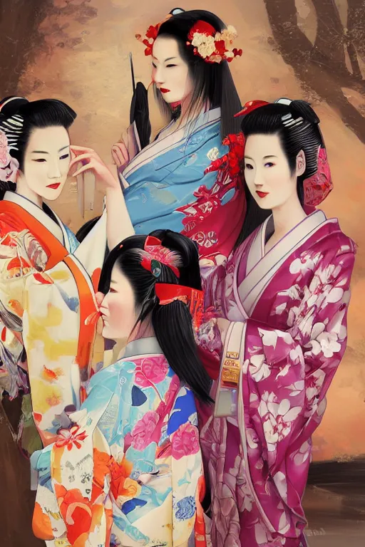 Prompt: a professional painting of 3 gorgeous Japanese Geisha girls, in brightly colored kimonos, long dark hair, beautiful bone structure, symmetrical facial features, intricate, elegant, digital painting, concept art, smooth, sharp focus, illustration, from StarCraft by Ruan Jia and Mandy Jurgens and Artgerm and William-Adolphe Bouguerea, epic, stunning, gorgeous, intricate detail, much wow, 4K, masterpiece, trending on artstation