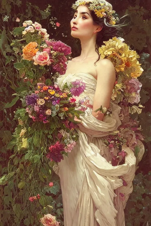 Prompt: portrait of a beautiful mysterious woman holding a bouquet of flowing flowers, hands hidden under the bouquet, fantasy, regal, intricate, by stanley artgerm lau, greg rutkowski, thomas kindkade, alphonse mucha, loish, norman rockwell