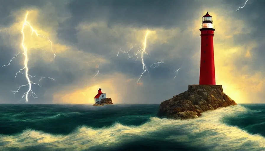 Image similar to a lighthouse being struck by lightning out at sea, digital art, highly detailed, realistic, bright colors, 8 k