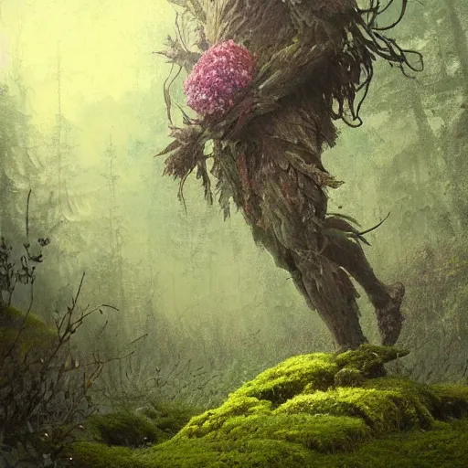 Image similar to a beautiful humanoid monster made out of moss and flowers. ethereal fantasy art by greg rutkowski