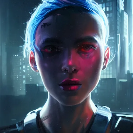 Image similar to closeup portrait of a young cyberpunk razorgirl, dramatic lighting, city background, night, moon, chiaroscuro, high detail, painted by greg rutkowski, painted by igor kieryluk, painted by bobby chiu, painted by geoffroy thoorens, trending on artstation