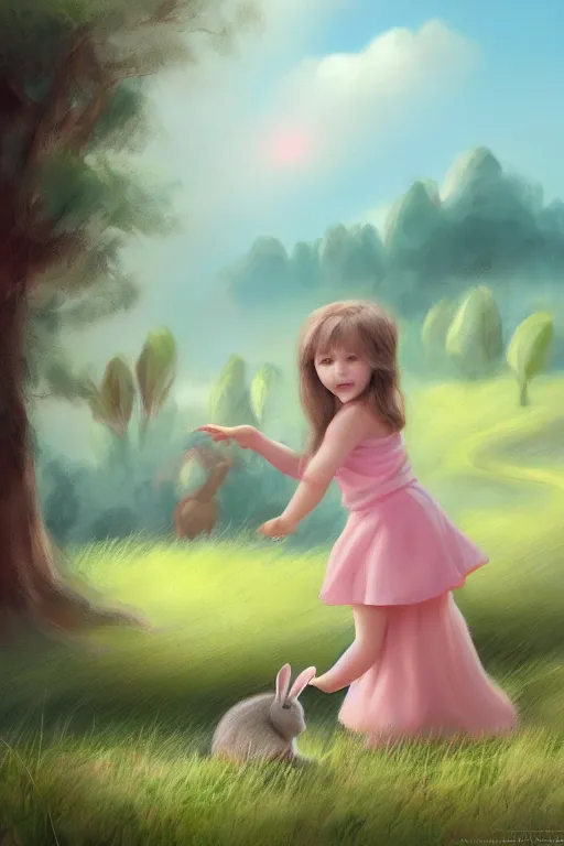 Prompt: matte sharp painting cute little girl and rabbit landscape painted by mark rydel artstation behance storybook style pastel colors