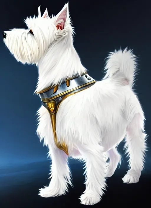 Image similar to a west highland white terrier, anime art style, wearing futuristic, led - lit armor, and a cannon mounted on his back, portrait, high detail, sharp focus, digital painting, artstation, concept art, art by hayao miyazaki and artgerm and greg rutkowski and alphonse mucha.