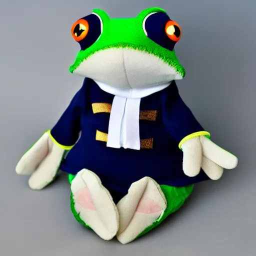 Image similar to stuffed animal frog wearing a sailor suit, cute, photography,