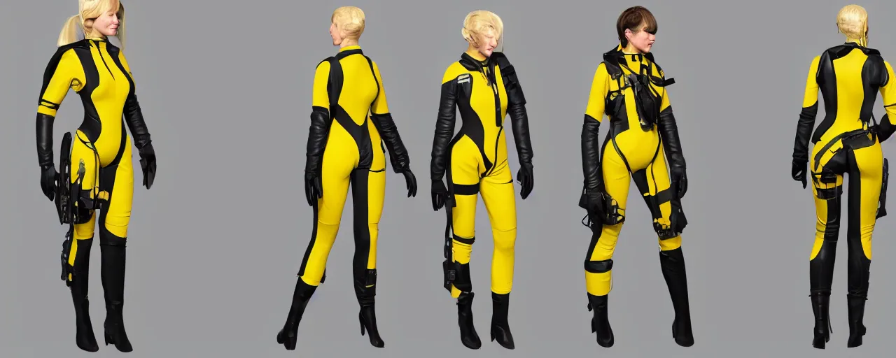 Prompt: character design, fashion reference sheet, curvy, 70's jetfighter pilot girl, optimistic, dirty yellow flight pressure suit, black stripes, scuffed exoskeleton, concept art, photorealistic, hyperdetailed, 3d rendering!, rimlight , art by Frazetta,